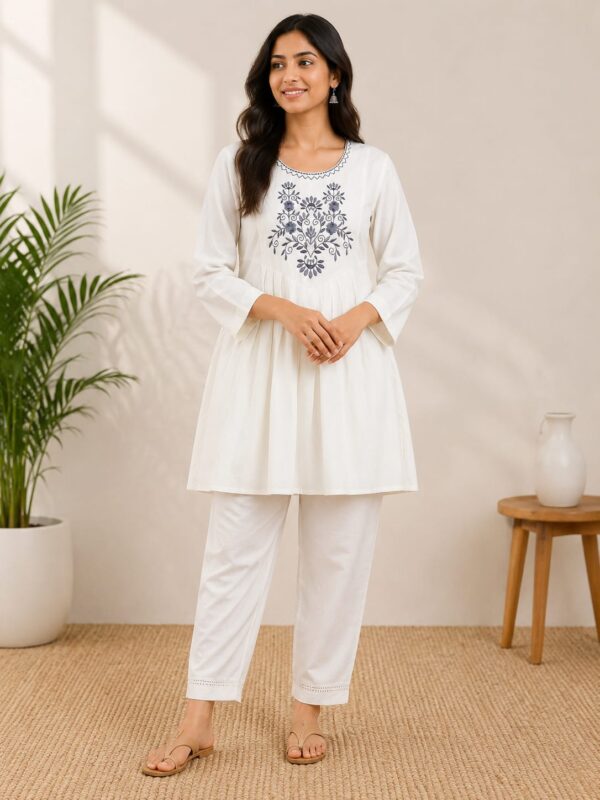 white embroidered regular fit short kurta