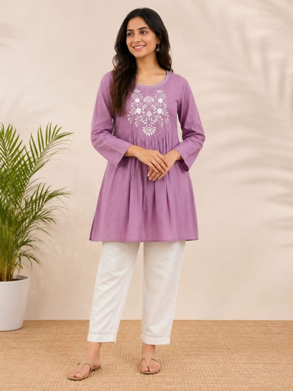 Purple embroidered A-line tunic kurta