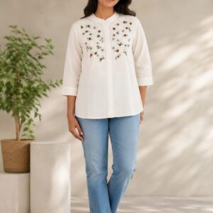 white floral embroidered mandarin collar casual button-down shirt