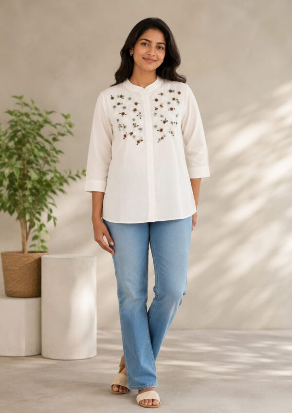 white floral embroidered mandarin collar casual button-down shirt