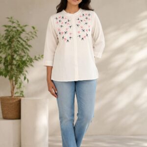 white floral embroidered mandarin collar casual button-down shirt