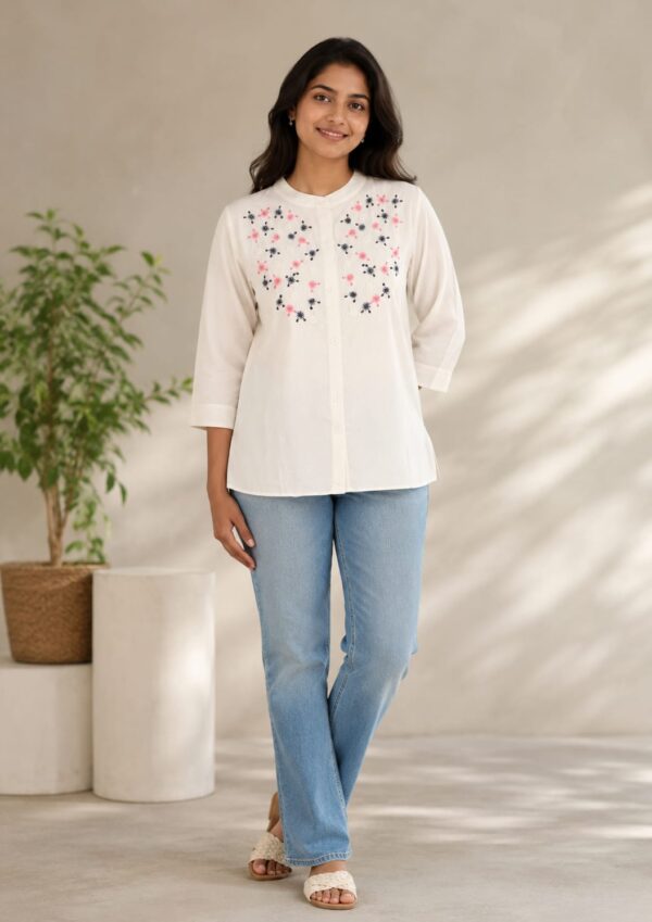 white floral embroidered mandarin collar casual button-down shirt