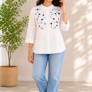 white floral embroidered mandarin collar casual button-down shirt