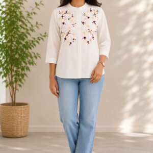 white floral embroidered mandarin collar casual button-down shirt