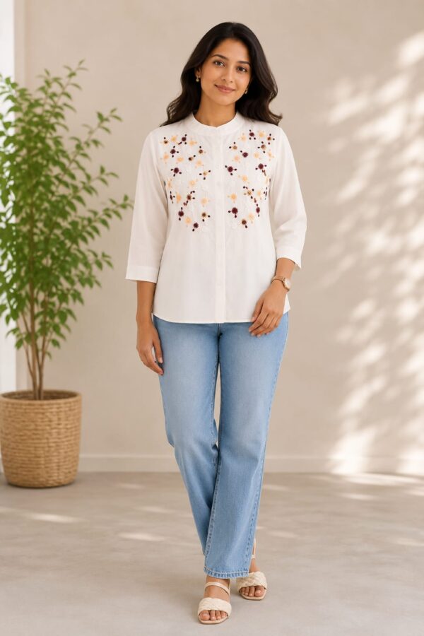 white floral embroidered mandarin collar casual button-down shirt