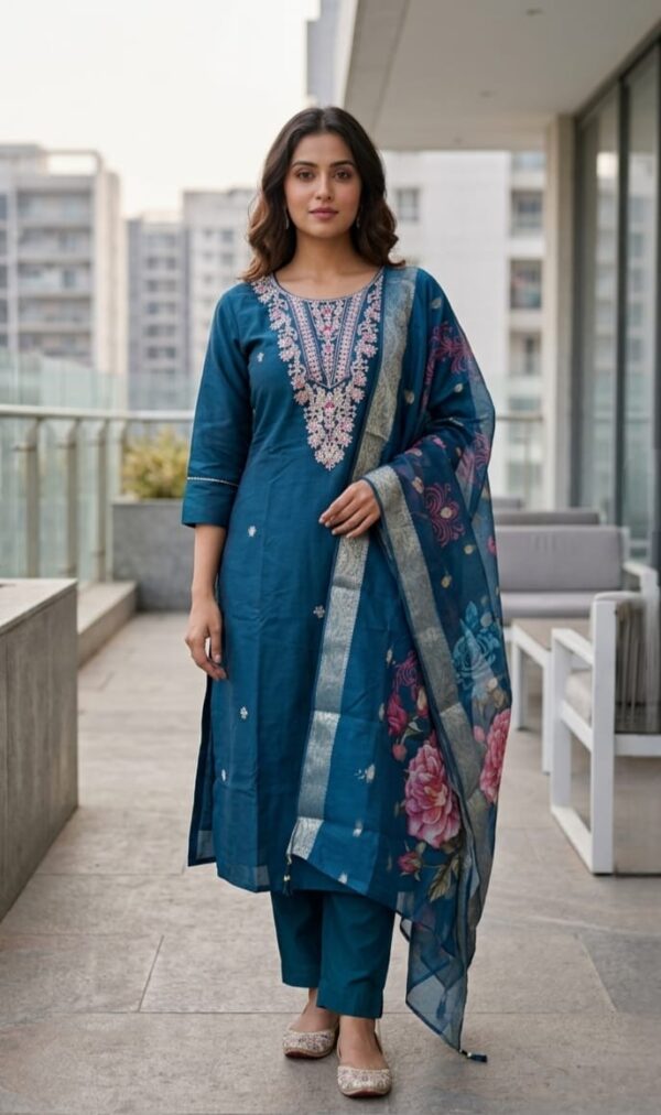 Teal blue cotton-silk ethnic suit set